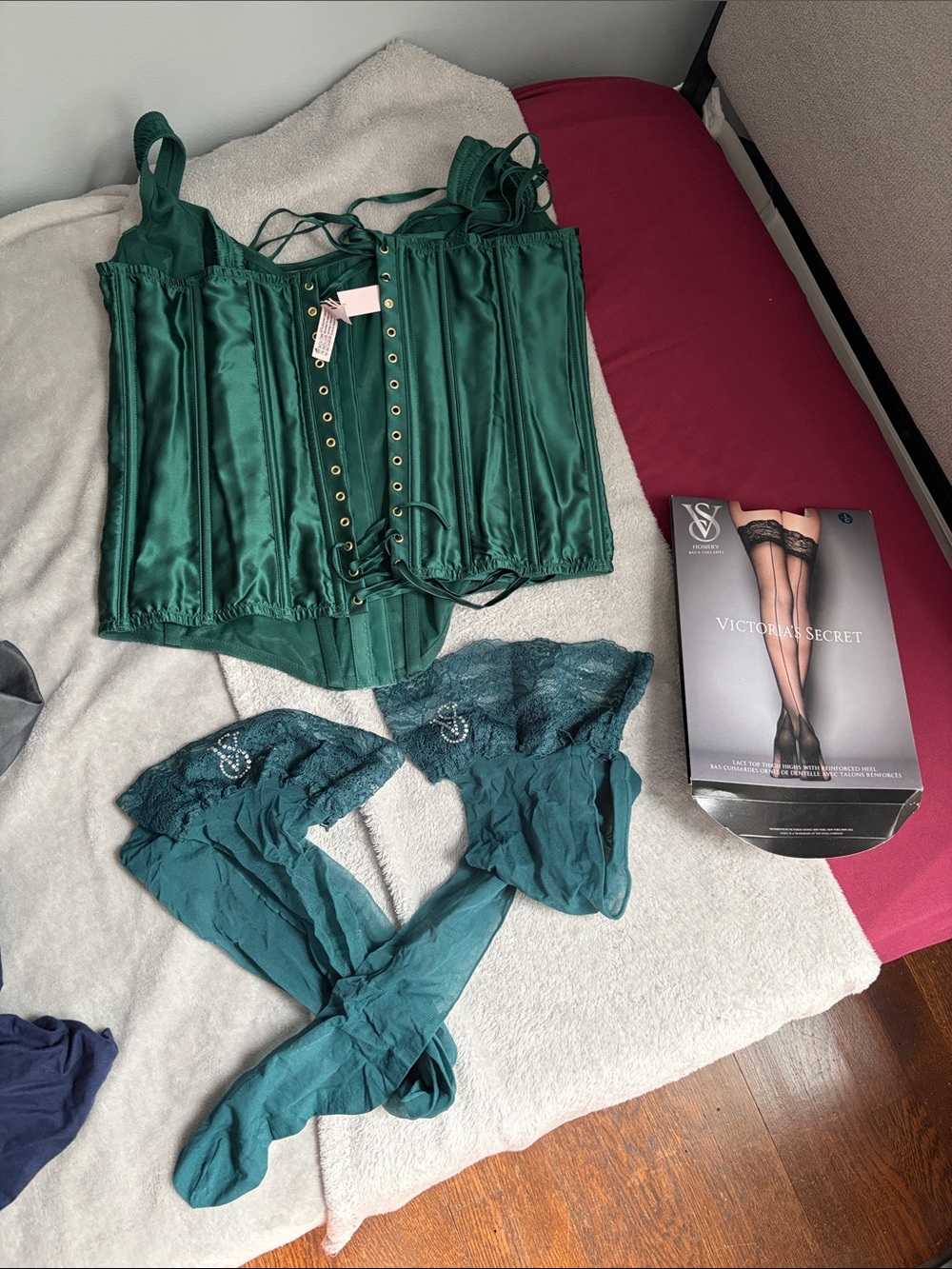 Victoria's Secret Deep Green Satin Corset Set with Lace-Top Stockings